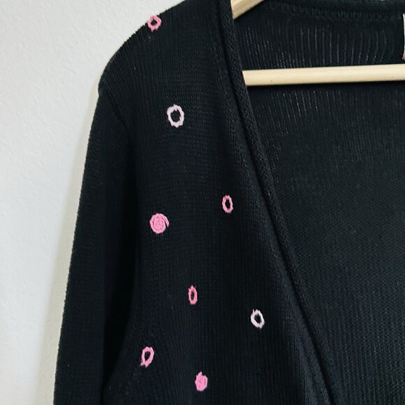 VTG April Cornell Size S Black Cardigan Pink Polka Dot Embroidery - Picture 5 of 9